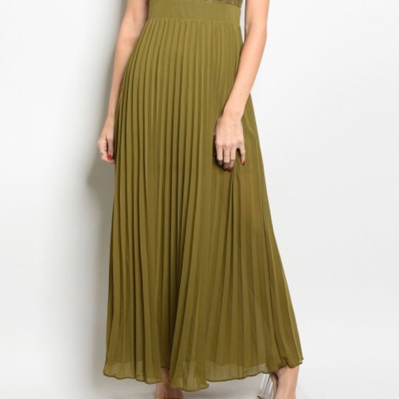Olive Pleated Lace Crochet Long Maxi Dress NEW - Picture 4 of 6